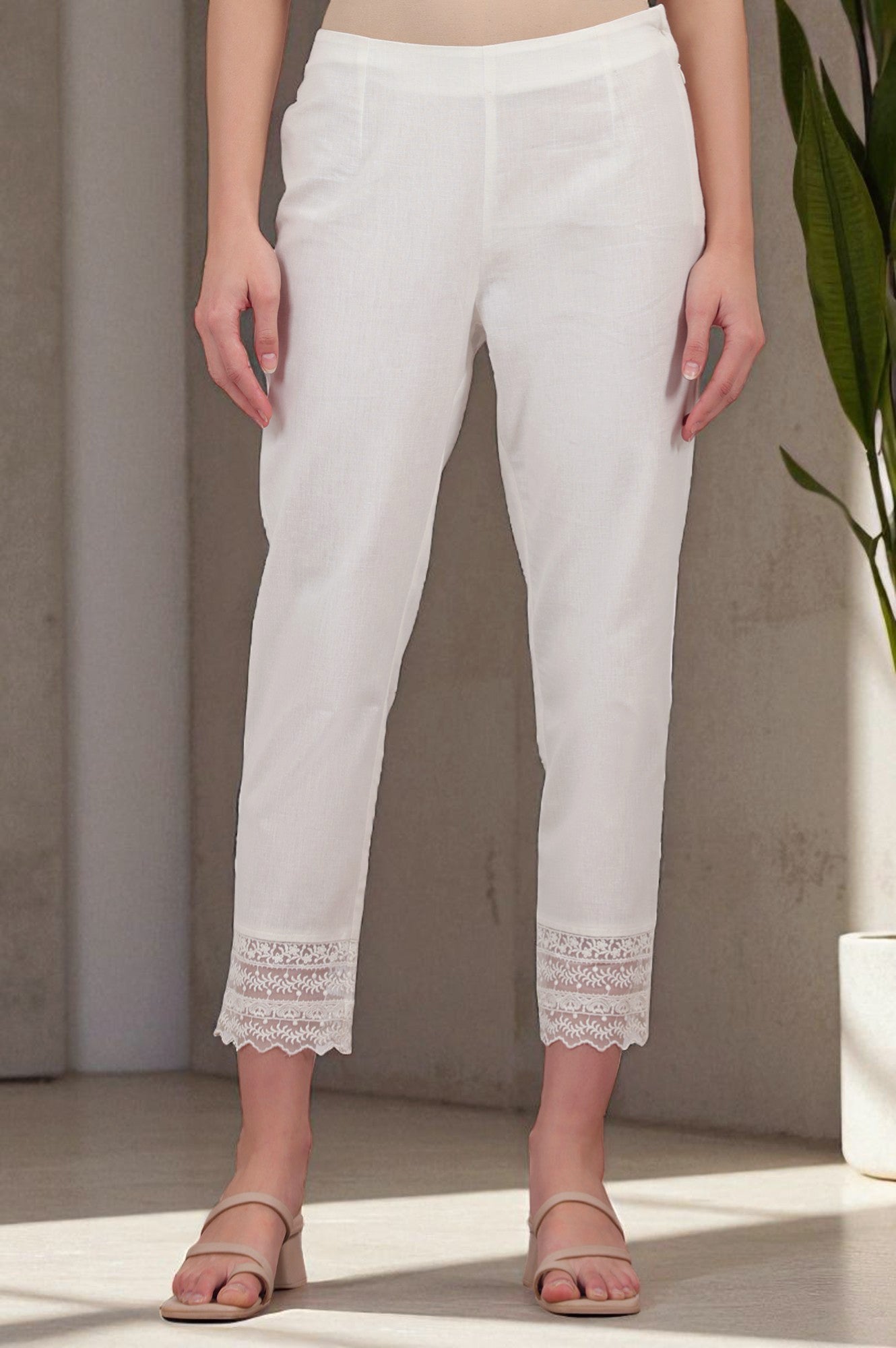 White Solid Cotton Flax Slim Pants with Lace