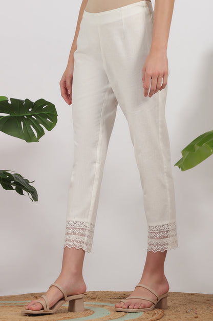 White Solid Cotton Flax Slim Pants with Lace