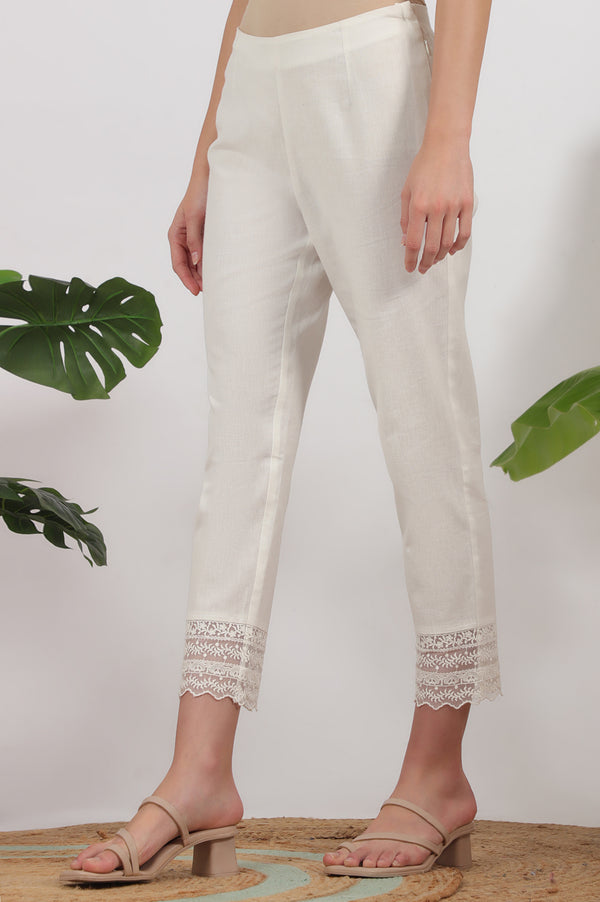 White Solid Cotton Flax Slim Pants with Lace