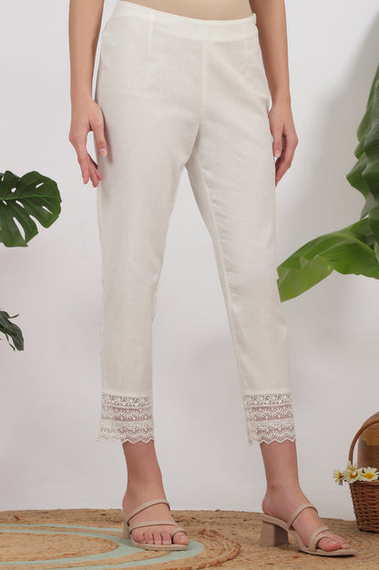 White Solid Cotton Flax Slim Pants with Lace