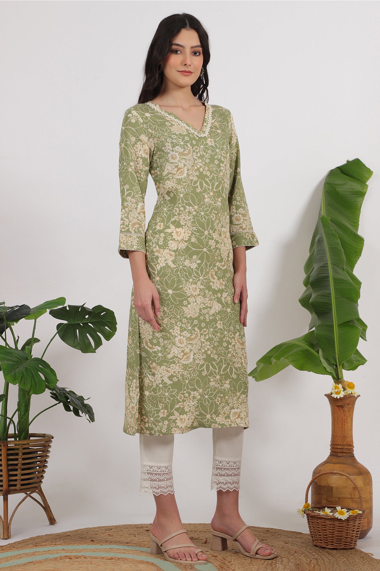 White Solid Cotton Flax Slim Pants with Lace