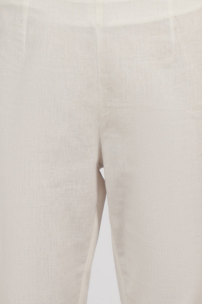 White Solid Cotton Flax Slim Pants with Lace