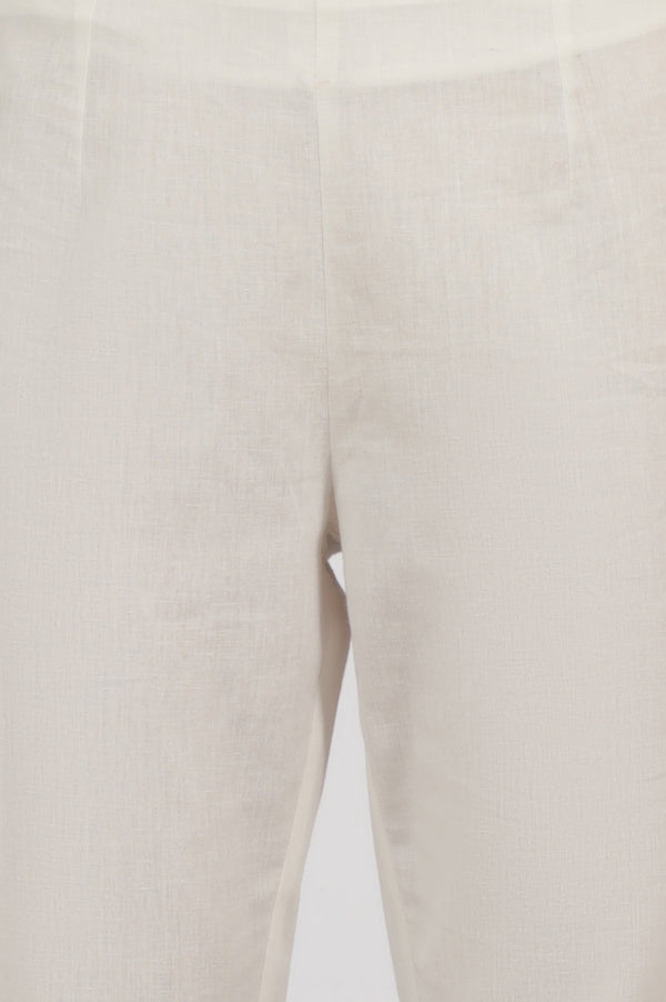 White Solid Cotton Flax Slim Pants with Lace