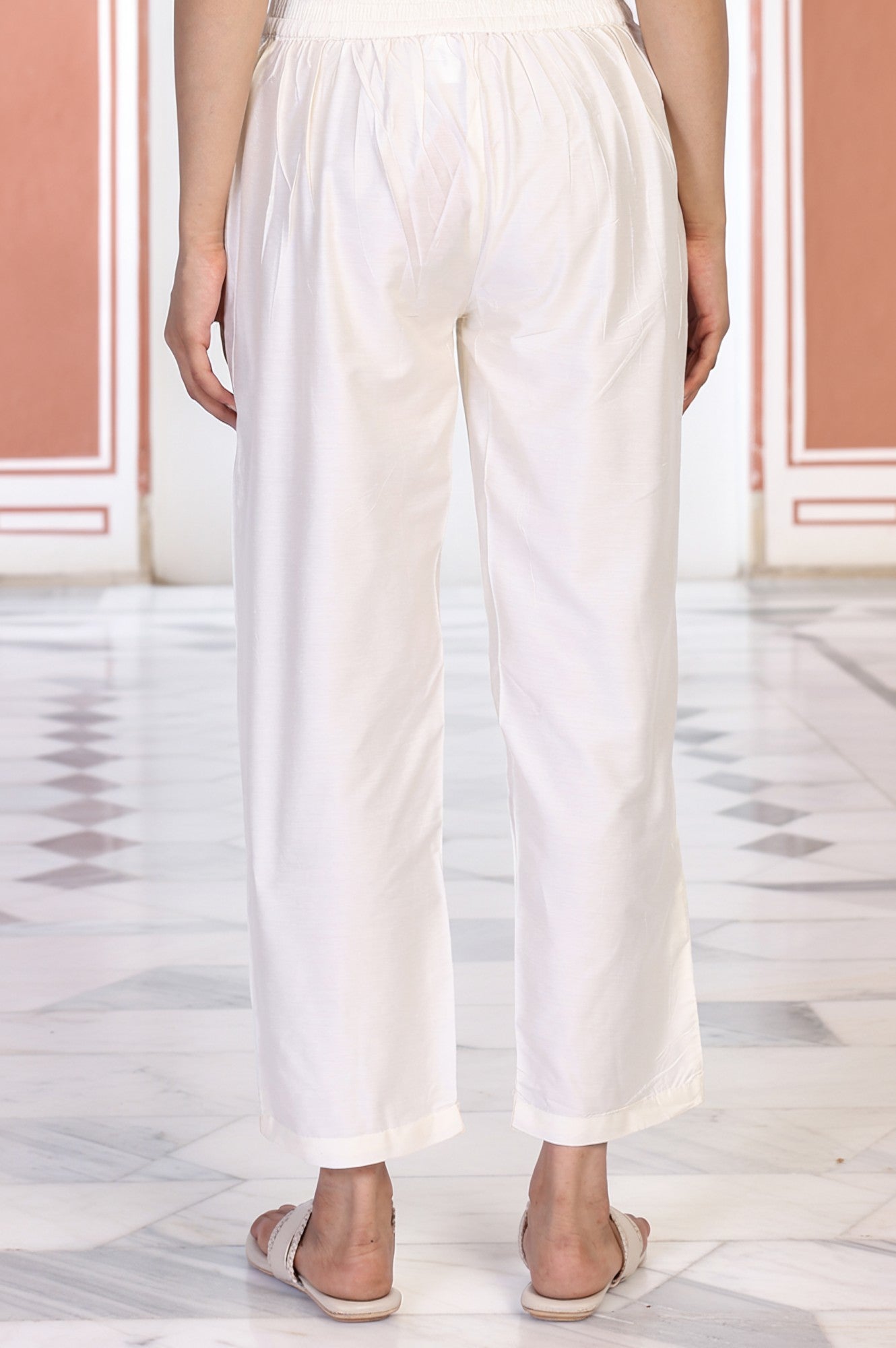 Cream Solid Straight Rayon Pant