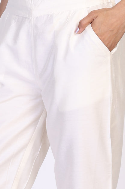 Cream Solid Straight Rayon Pant