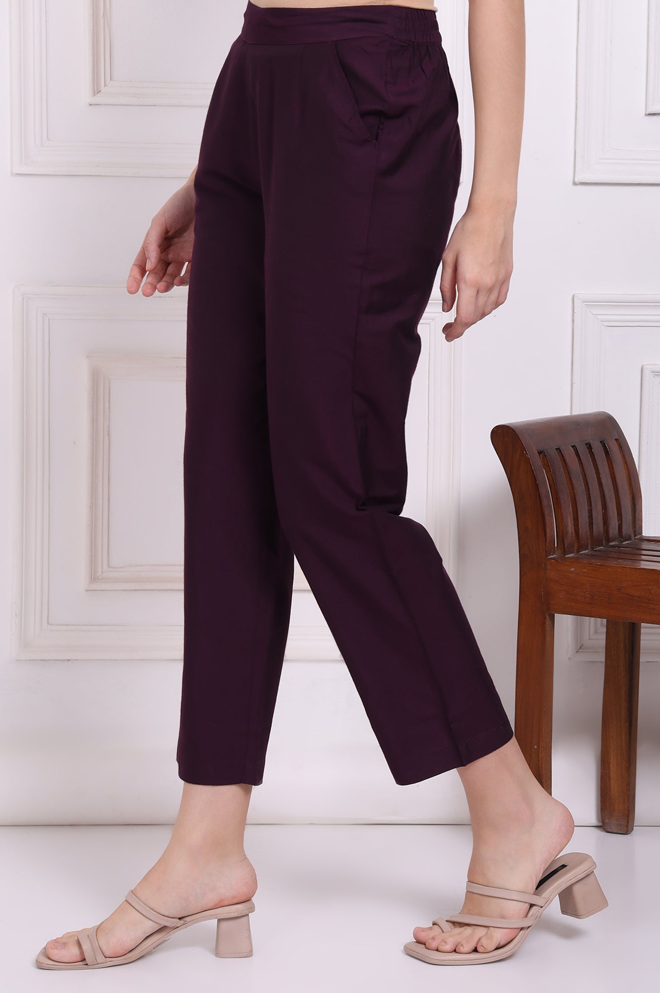 Purple Solid Ankle Length Rayon Straight Pants