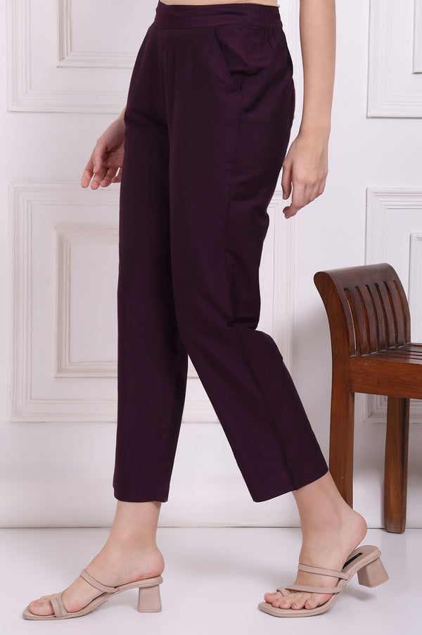 Purple Solid Ankle Length Rayon Straight Pants