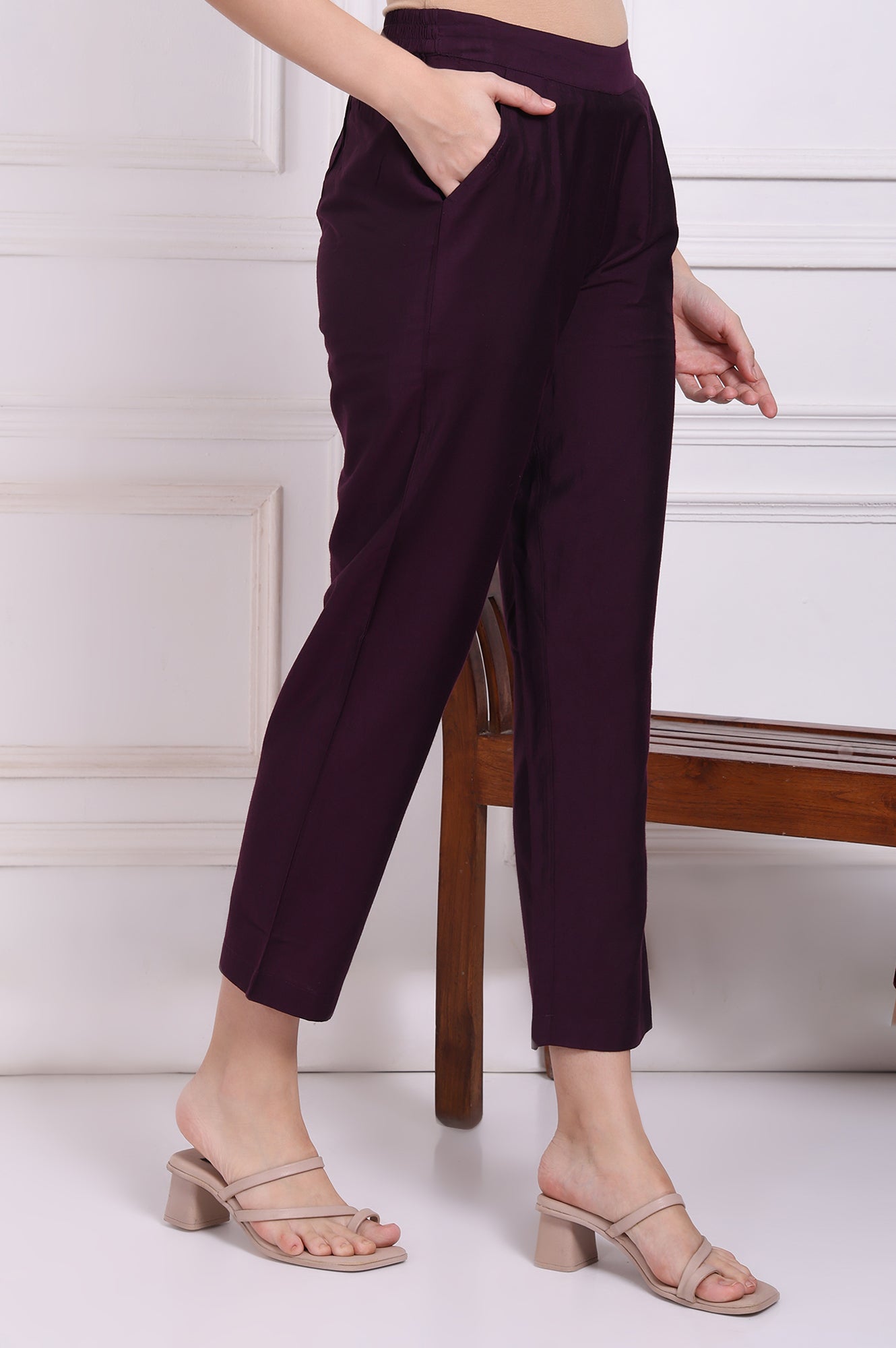 Purple Solid Ankle Length Rayon Straight Pants