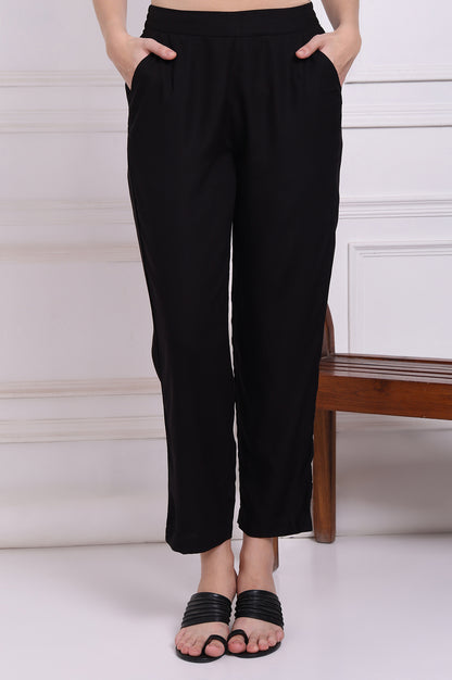 Black Solid Ankle Length Rayon Straight Pants