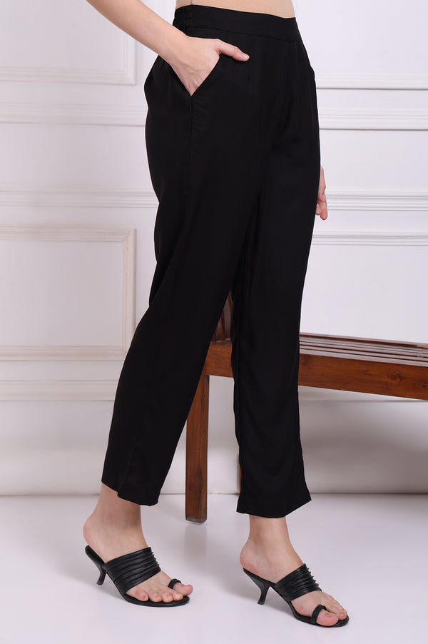 Black Solid Ankle Length Rayon Straight Pants