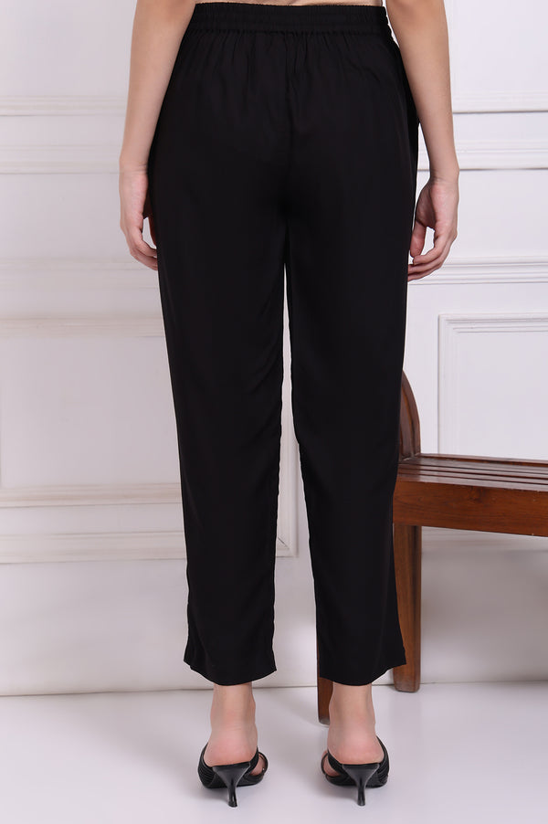 Black Solid Ankle Length Rayon Straight Pants