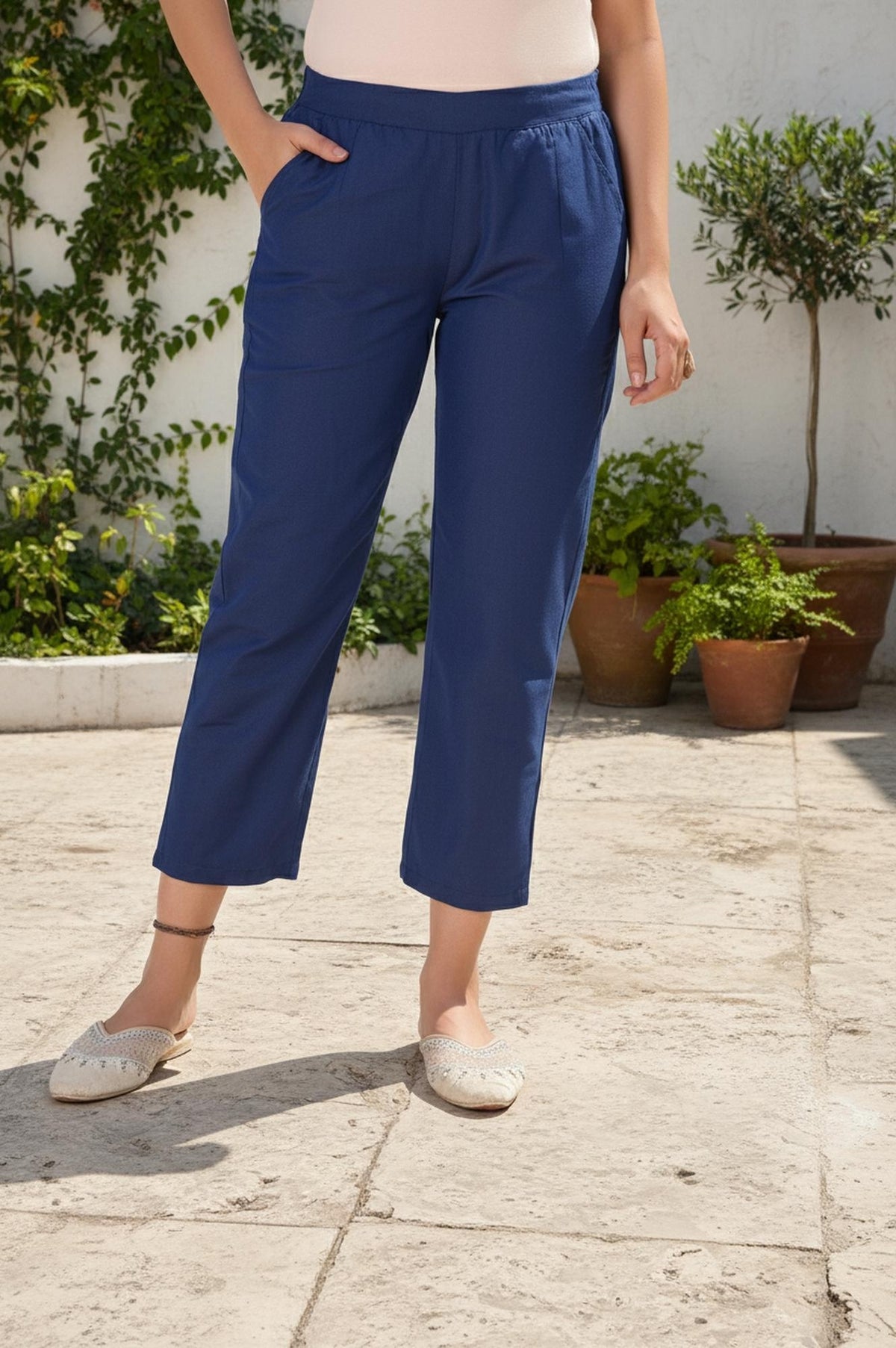Blue Solid Straight Rayon Pant - S