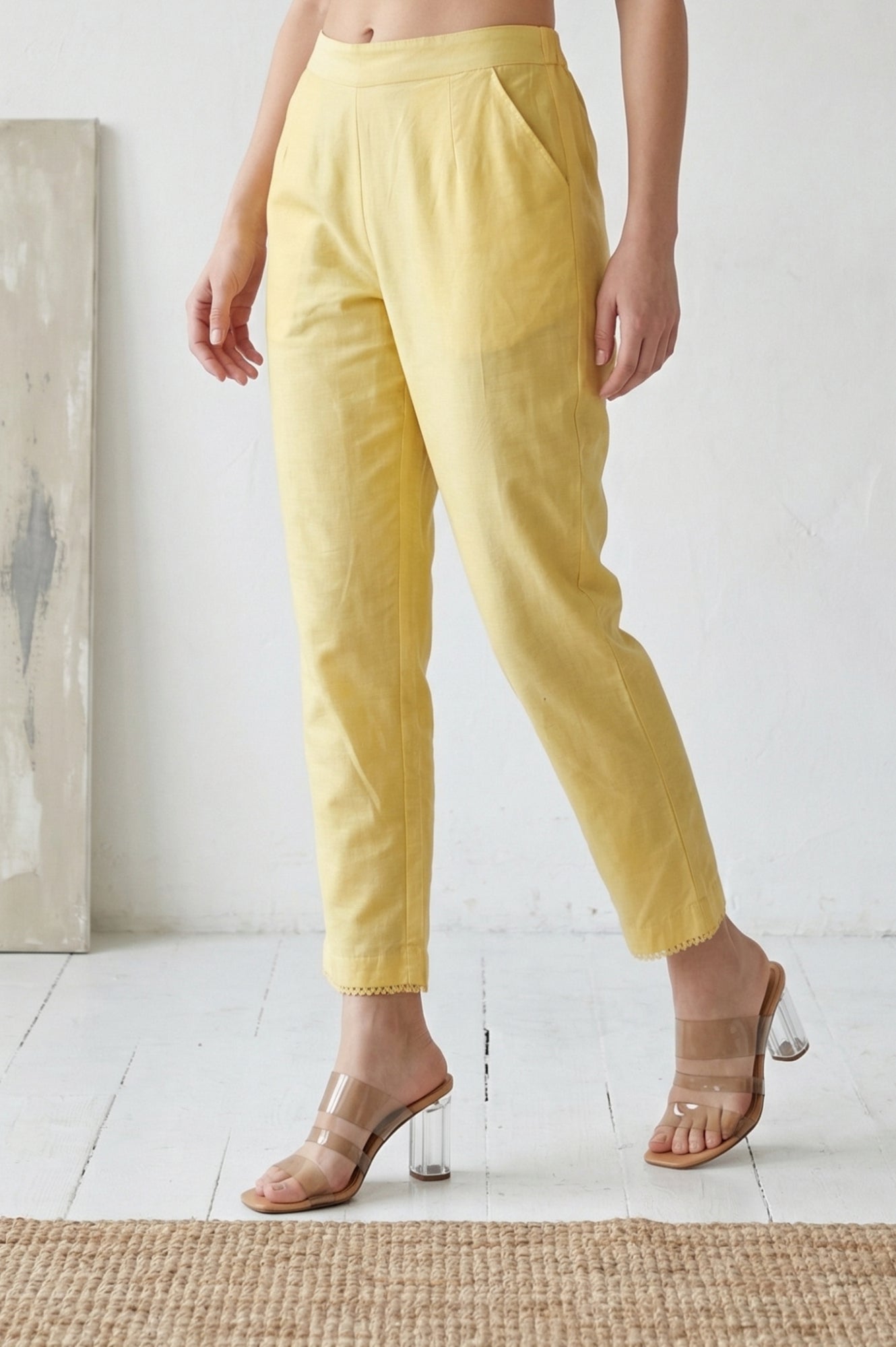 Yellow Solid Straight Fit Pants with Lace