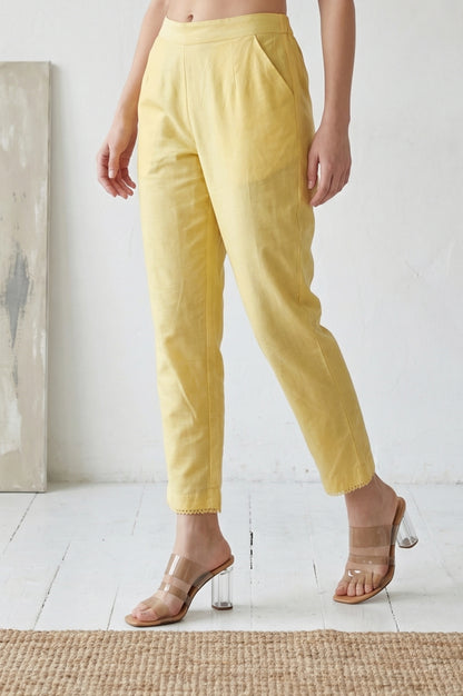 Yellow Solid Straight Fit Pants with Lace