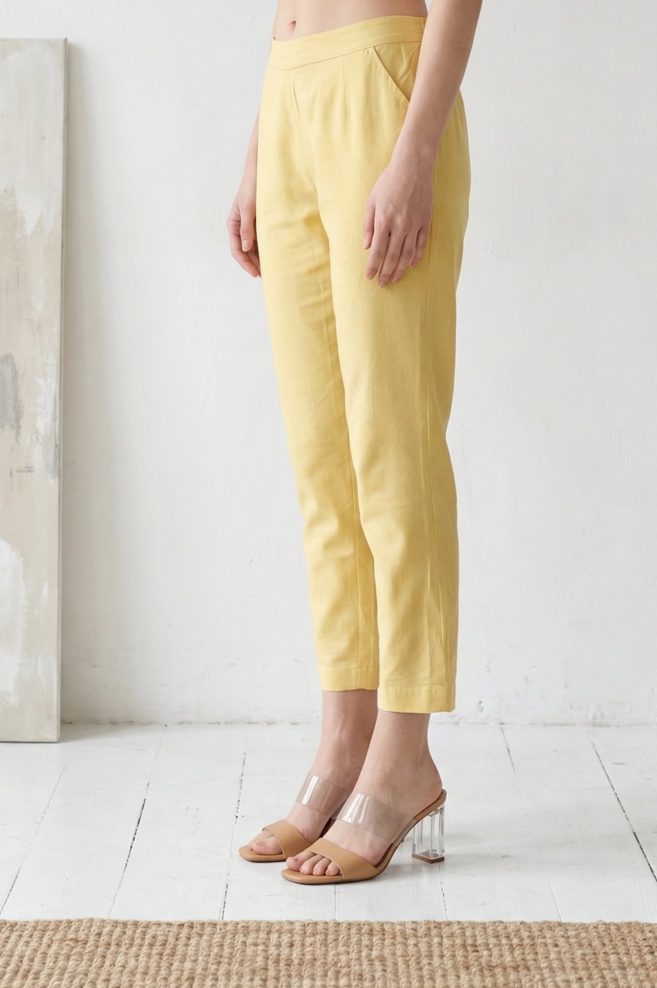Yellow Solid Straight Fit Pants with Lace