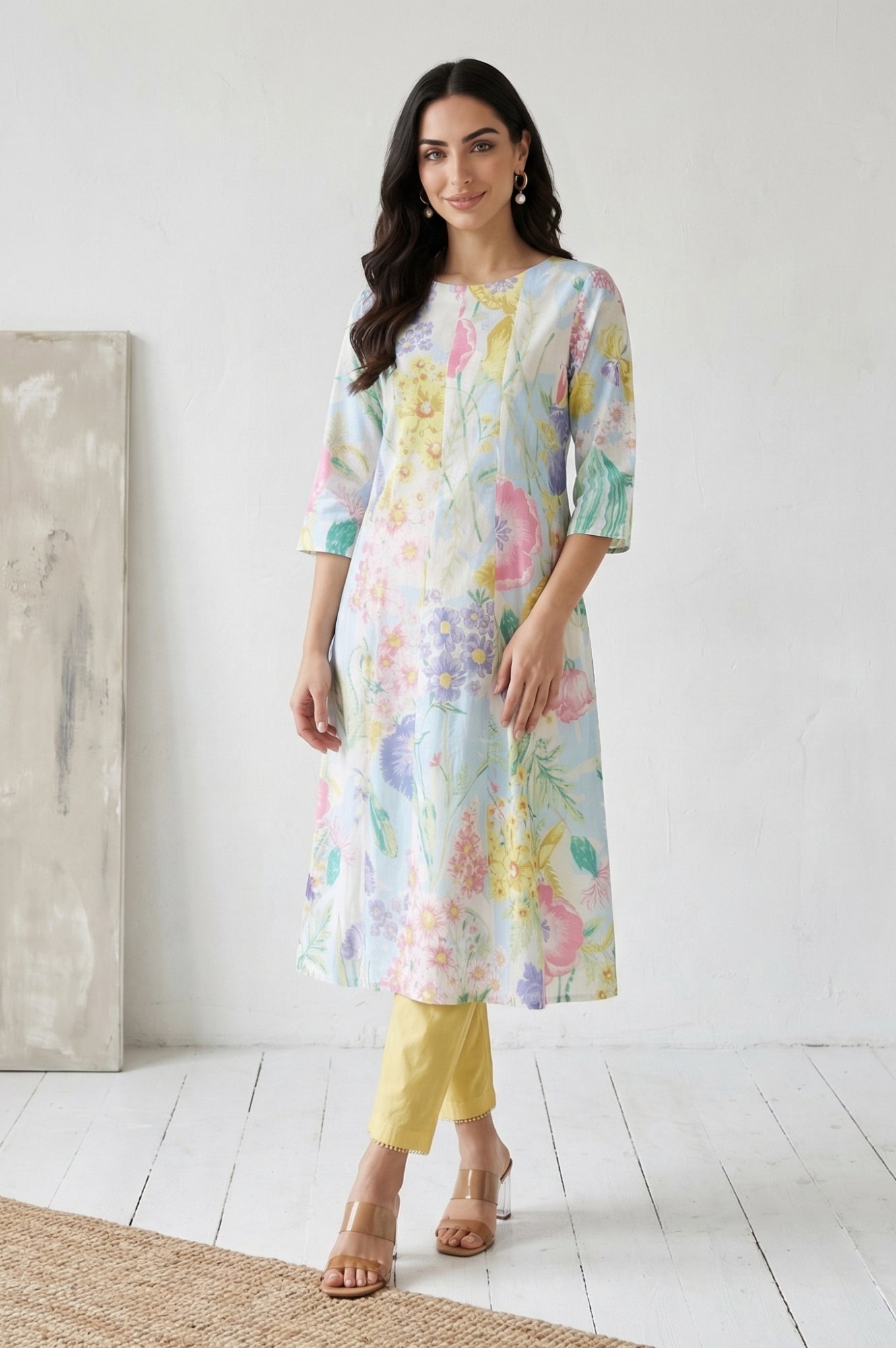 Yellow Solid Straight Fit Pants with Lace
