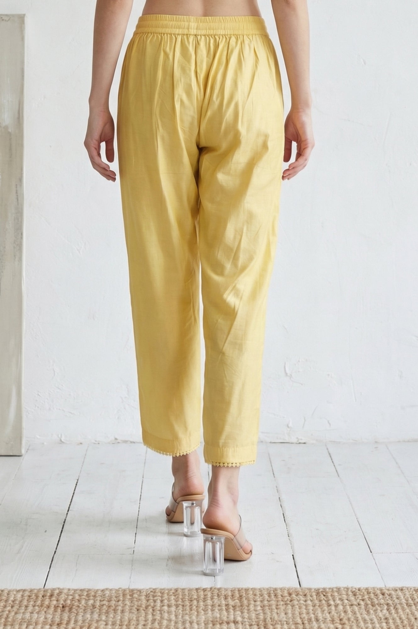 Yellow Solid Straight Fit Pants with Lace