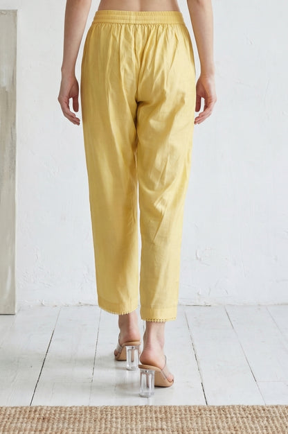 Yellow Solid Straight Fit Pants with Lace