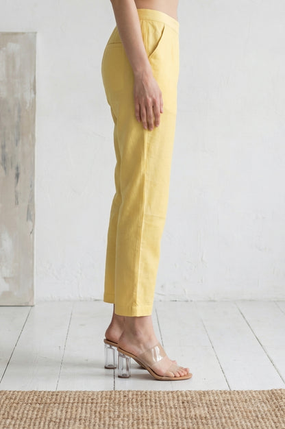 Yellow Solid Straight Fit Pants with Lace