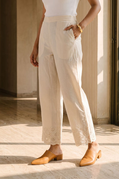 Off-White Schiffly Pure Cotton Straight Fit Ankle Length Parallel Pants