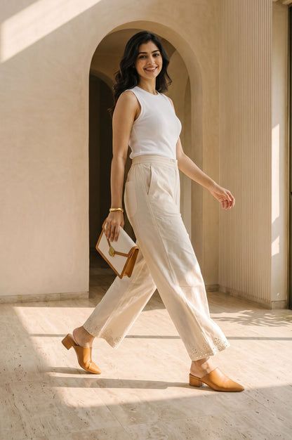 Off-White Schiffly Pure Cotton Straight Fit Ankle Length Parallel Pants