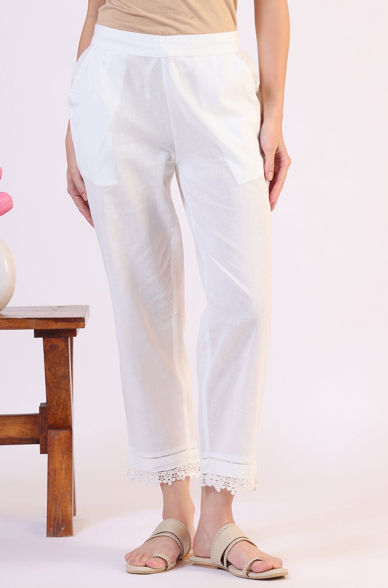 White Solid Cotton Flax Straight Pants with Lace Hemline