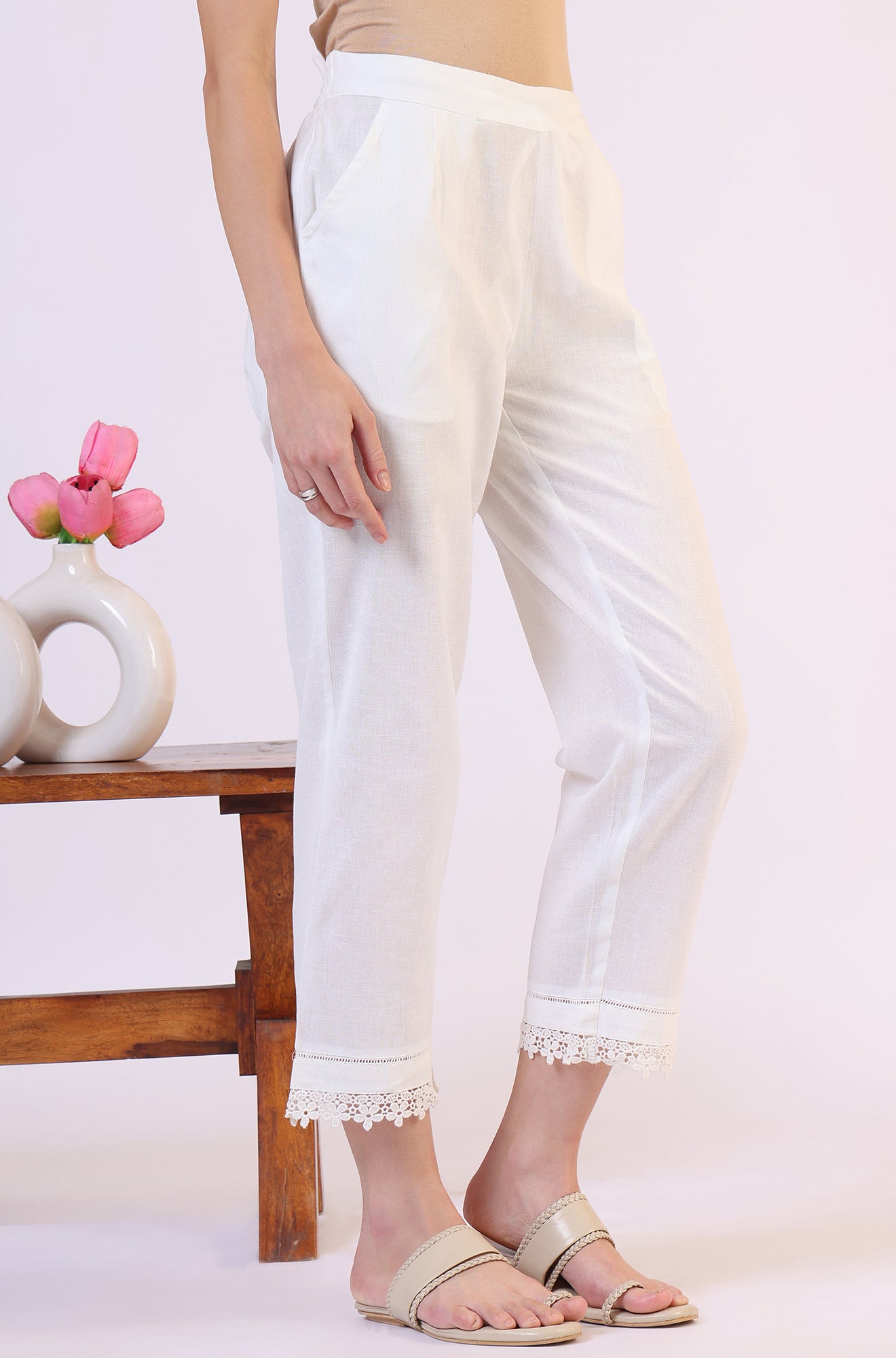 White Solid Cotton Flax Straight Pants with Lace Hemline