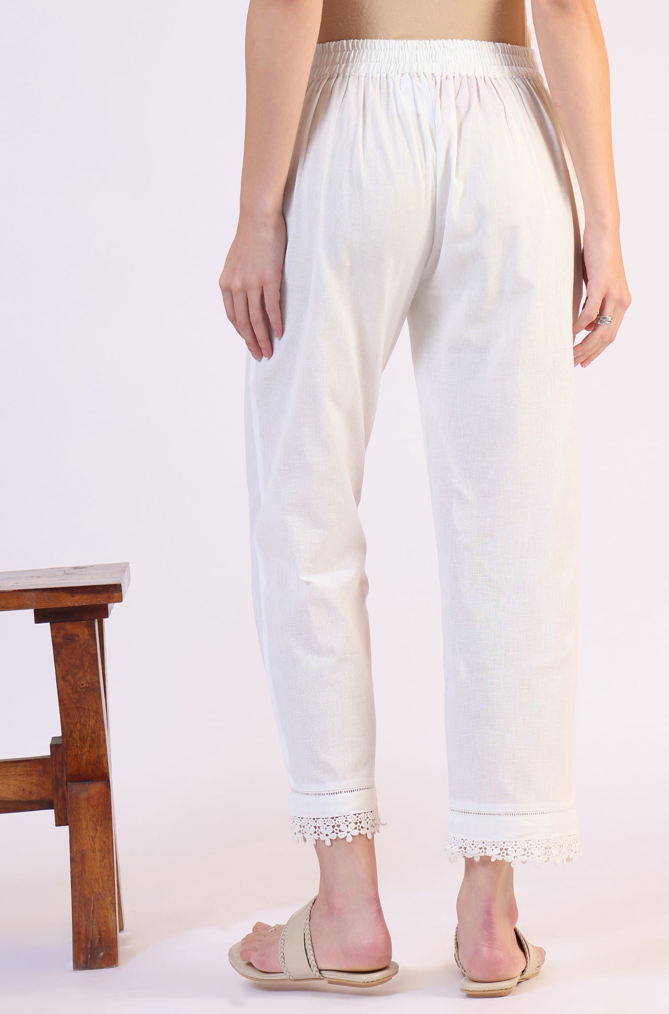 White Solid Cotton Flax Straight Pants with Lace Hemline