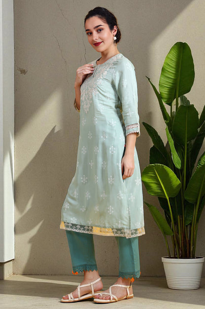 Blue Solid Cotton Flax Straight Pants