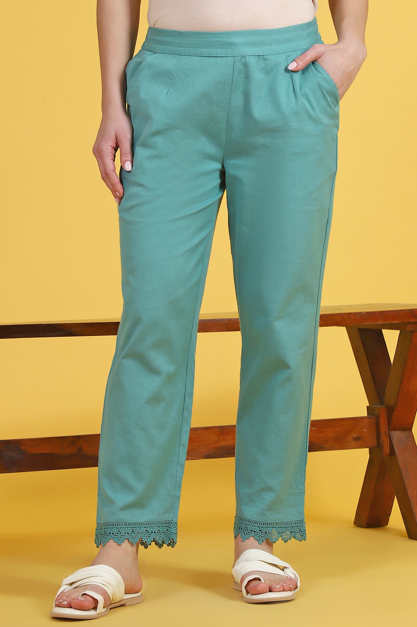 Blue Solid Cotton Flax Straight Pants