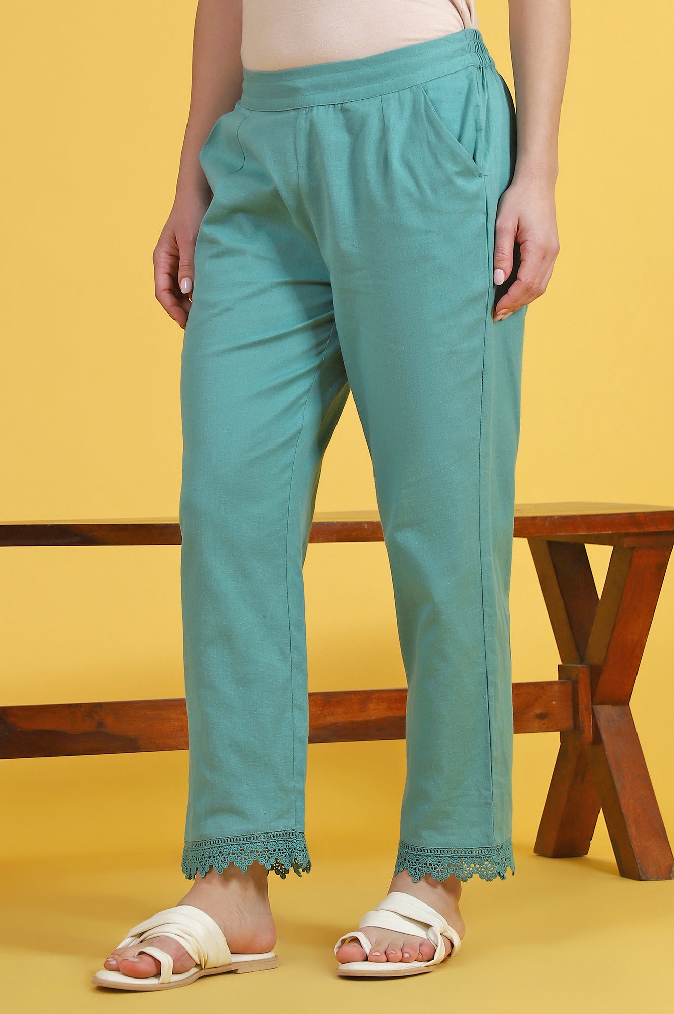 Blue Solid Cotton Flax Straight Pants