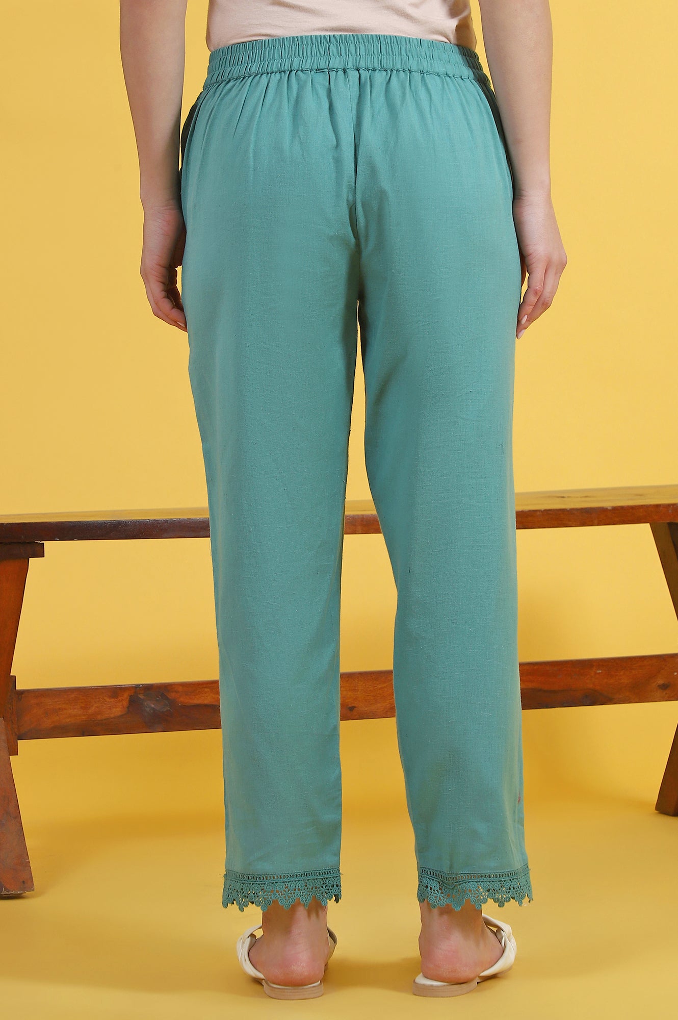 Blue Solid Cotton Flax Straight Pants