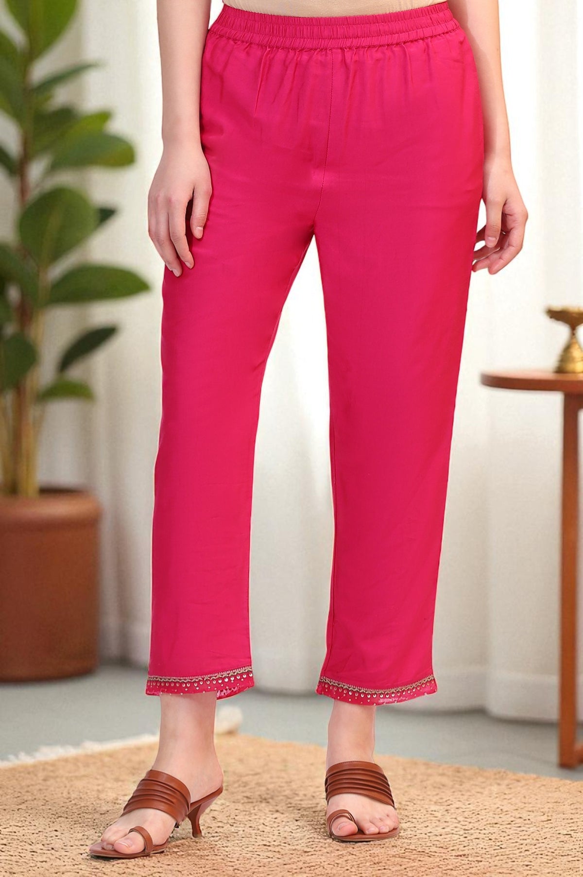 Fuchsia Pink Solid Straight Pants with Sequined Hemline - S