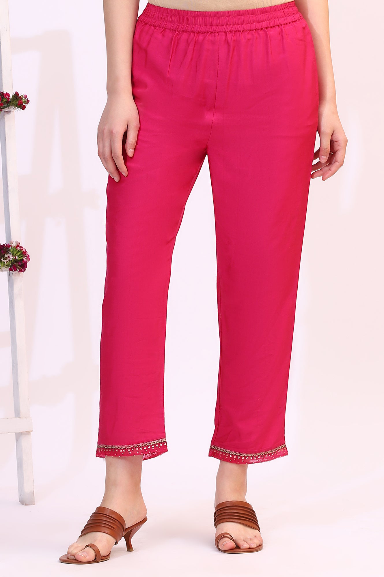 Fuchsia Pink Solid Straight Pants with Sequined Hemline