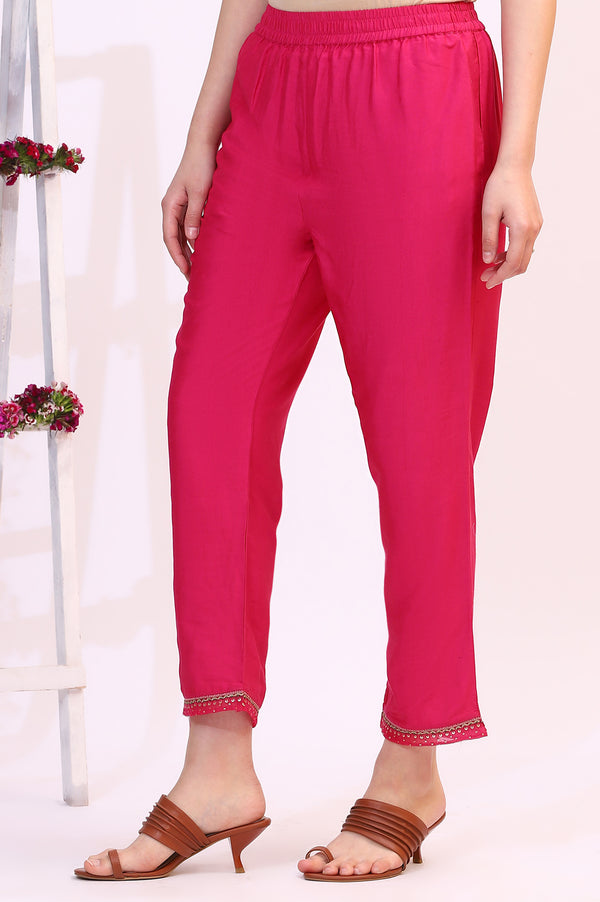 Fuchsia Pink Solid Straight Pants with Sequined Hemline