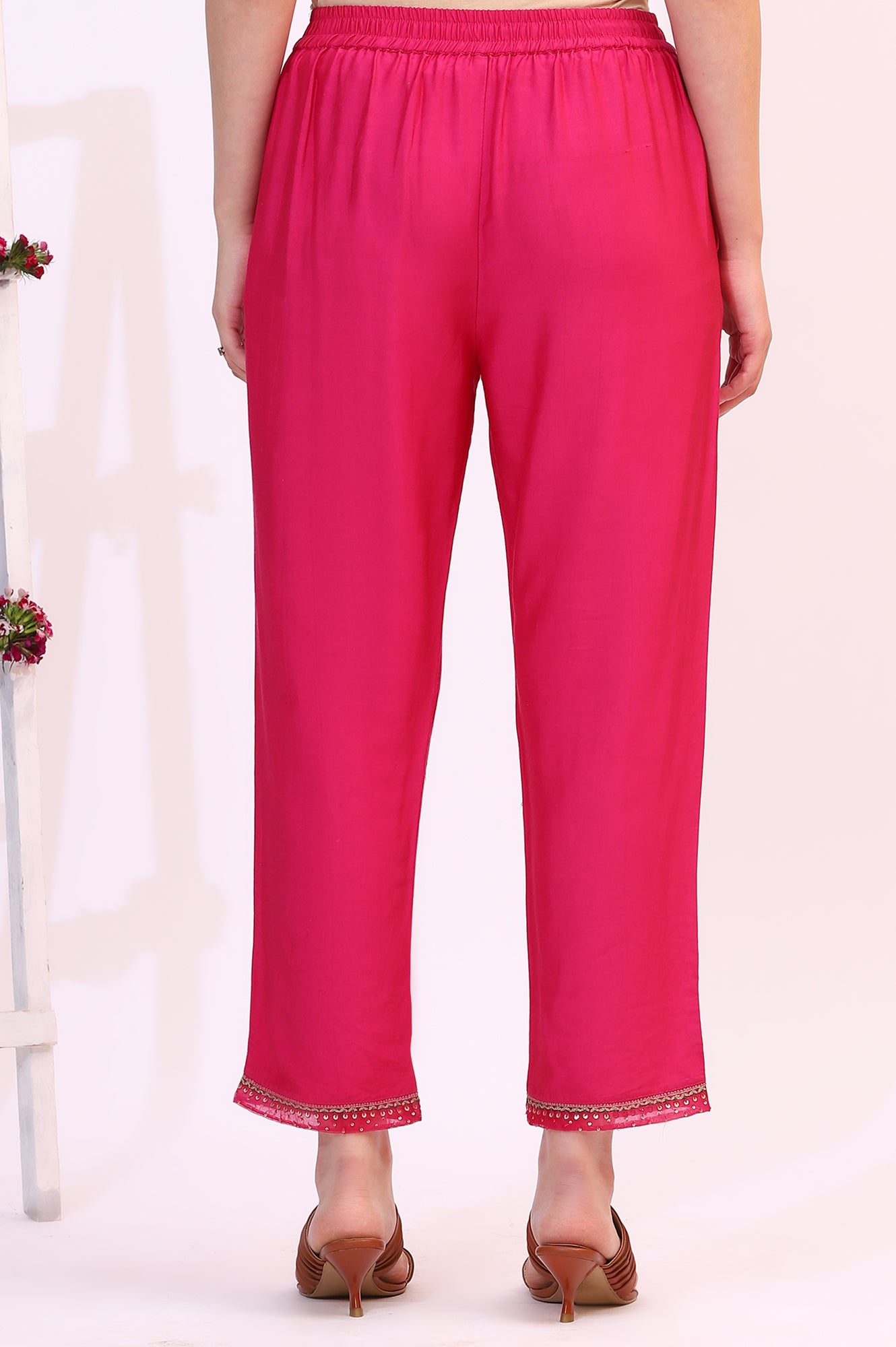 Fuchsia Pink Solid Straight Pants with Sequined Hemline