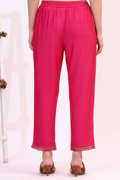 Fuchsia Pink Solid Straight Pants with Sequined Hemline