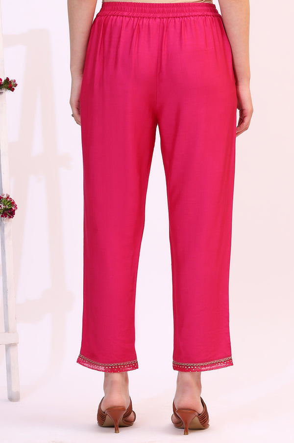 Fuchsia Pink Solid Straight Pants with Sequined Hemline