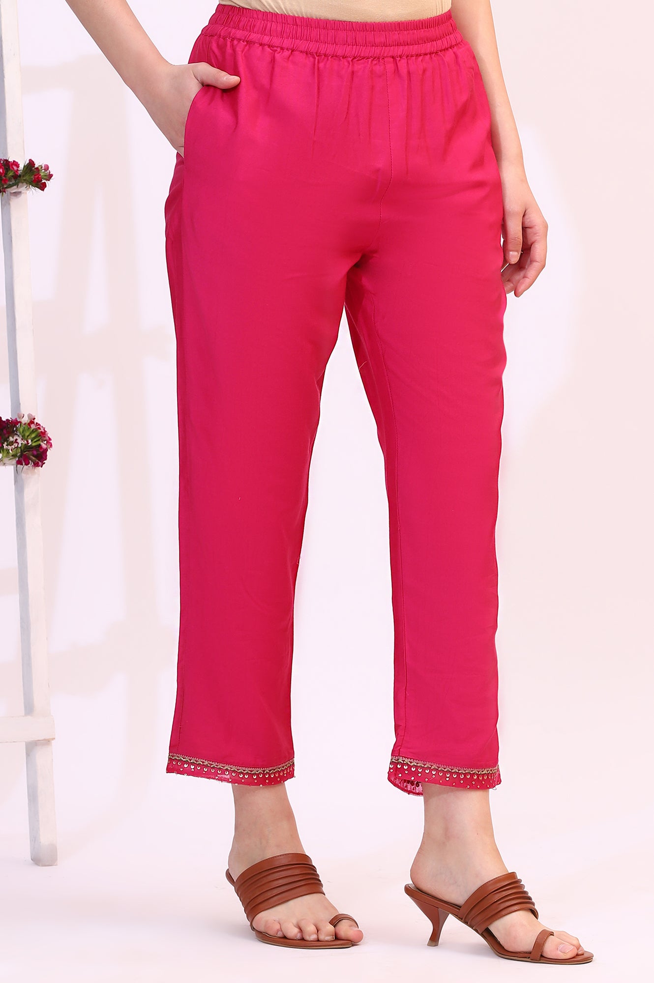 Fuchsia Pink Solid Straight Pants with Sequined Hemline