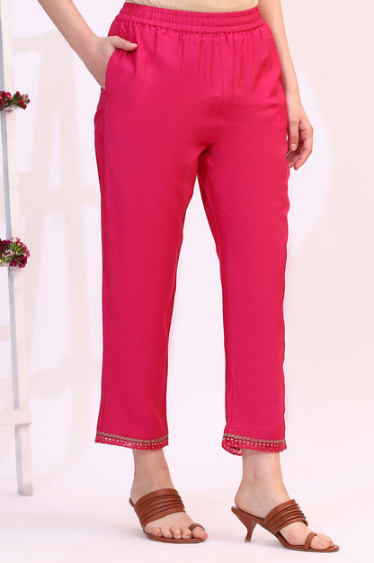 Fuchsia Pink Solid Straight Pants with Sequined Hemline
