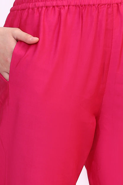 Fuchsia Pink Solid Straight Pants with Sequined Hemline