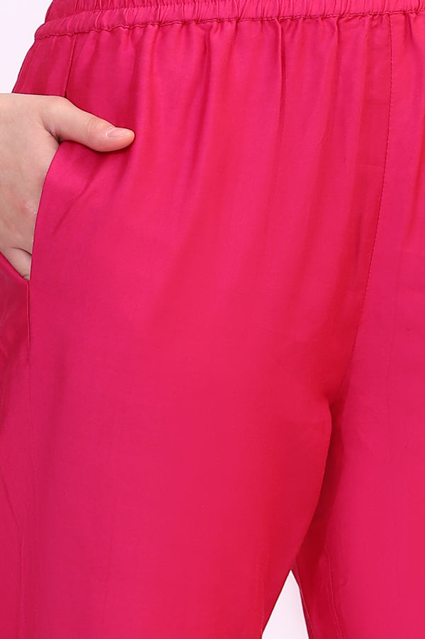 Fuchsia Pink Solid Straight Pants with Sequined Hemline