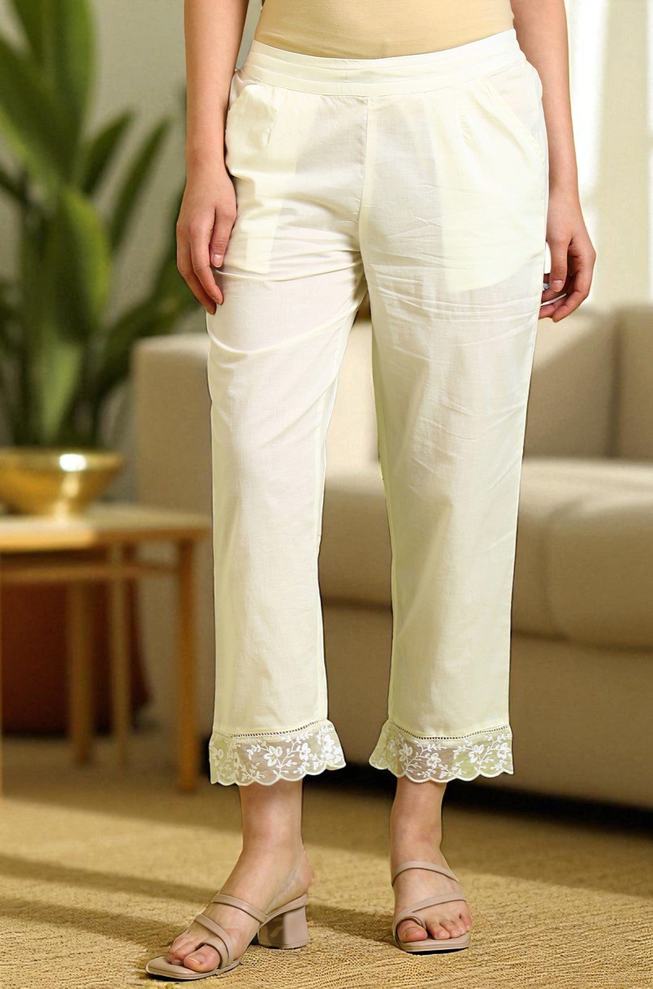White Solid Pure Cotton Straight Pants