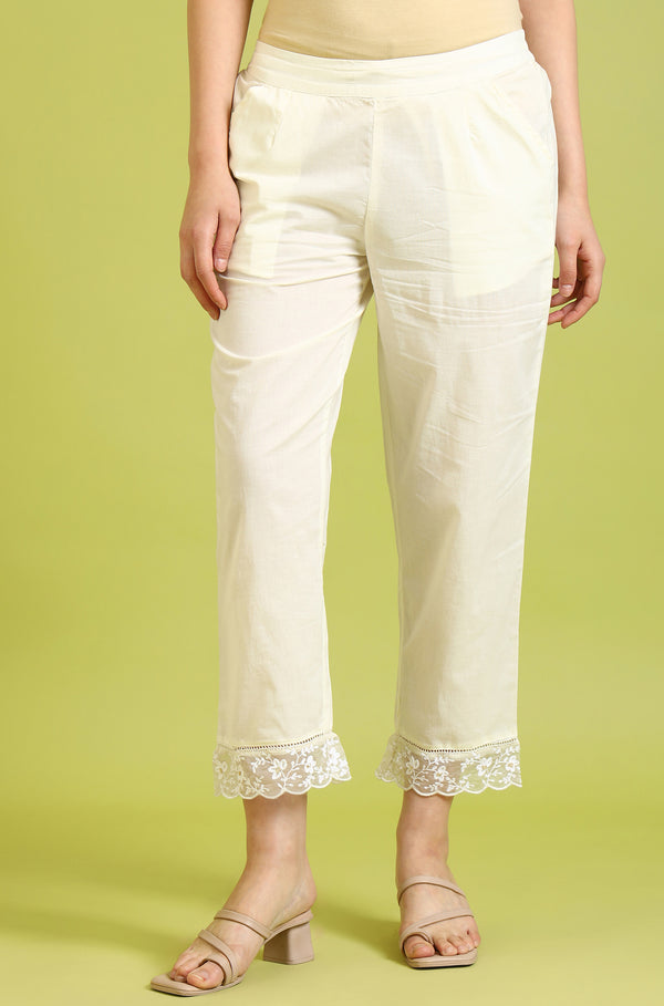 White Solid Pure Cotton Straight Pants
