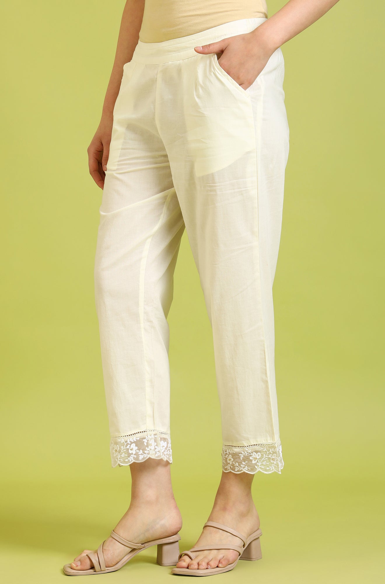 White Solid Pure Cotton Straight Pants