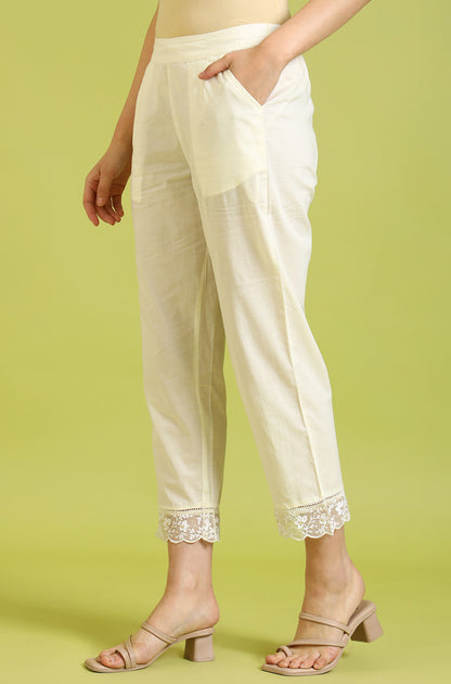 White Solid Pure Cotton Straight Pants