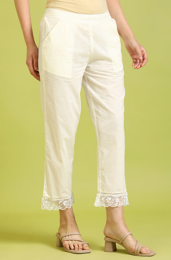 White Solid Pure Cotton Straight Pants