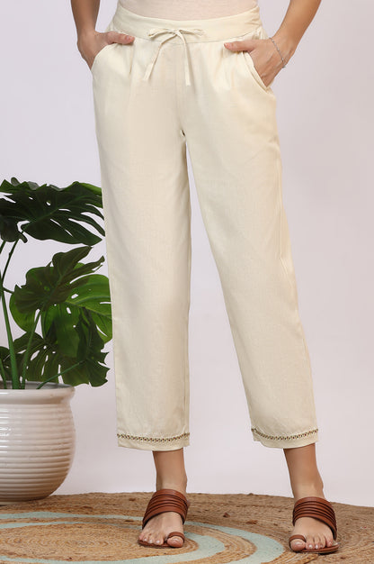 Off-White Solid Cotton Flax Straight Pants with Embroidered Hemline