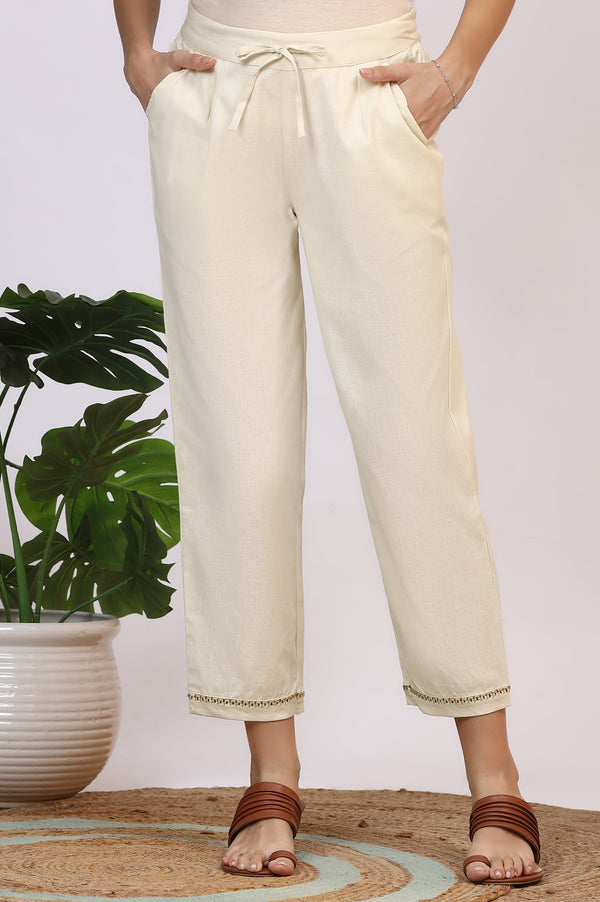 Off-White Solid Cotton Flax Straight Pants with Embroidered Hemline