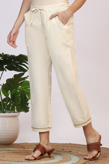 Off-White Solid Cotton Flax Straight Pants with Embroidered Hemline